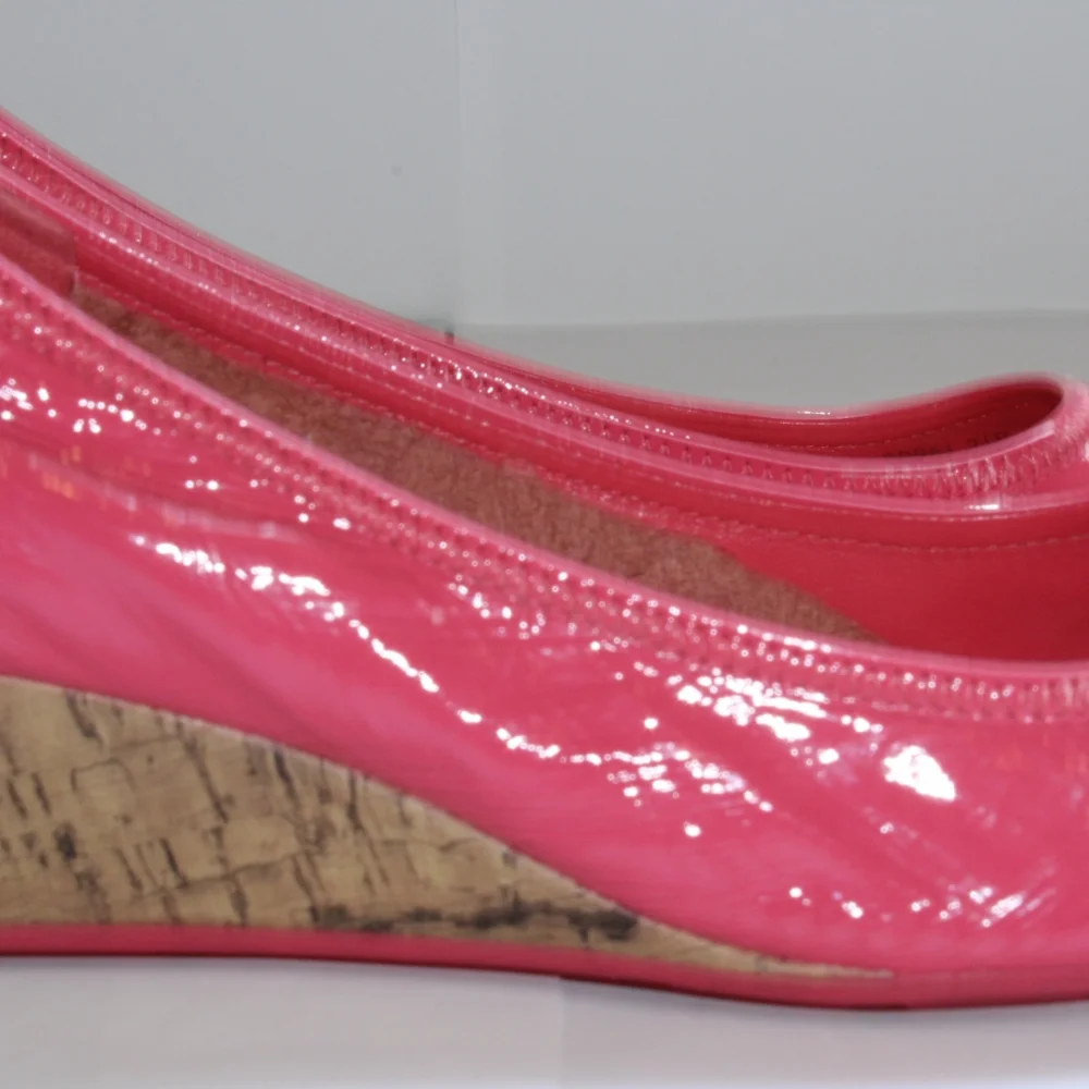 Cole Haan Pink Patent Leather Peep-Toe Wedges with Cork Heel - Picture 16 of 16
